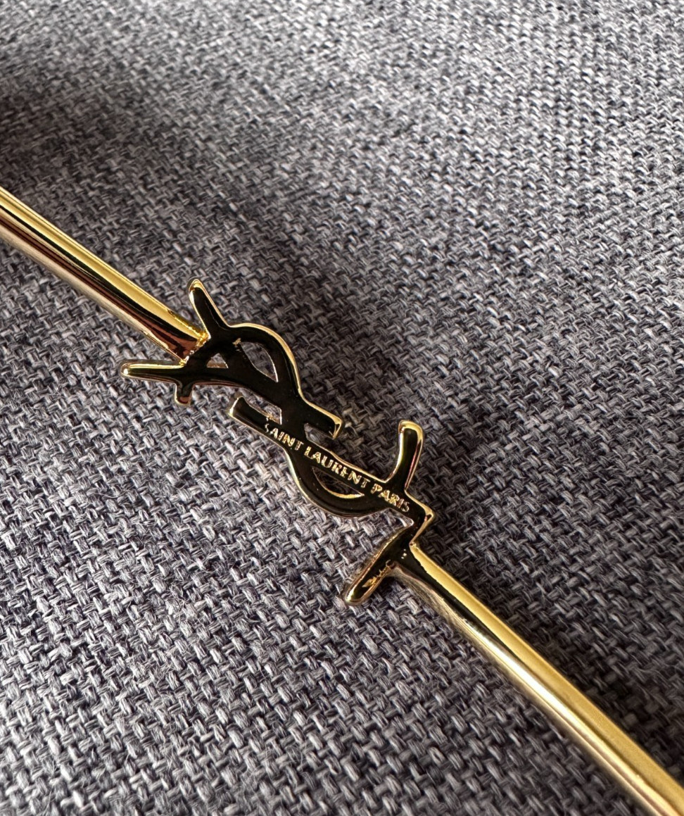 Saint Laurent YSL Gold Tone Open Bangle Logo Cuff Bracelet Designer Luxury