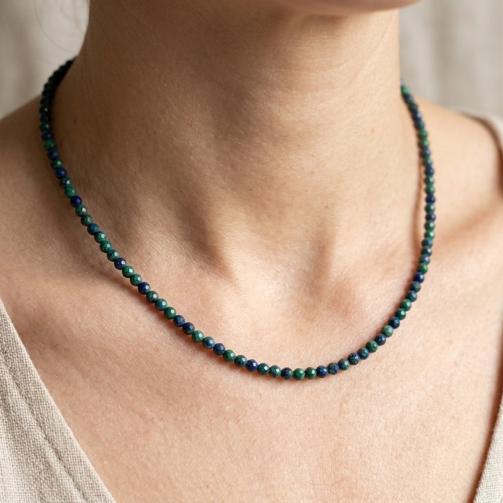 Natural Azurite Malachite Choker Necklace Dainty Beaded Crystal Healing Jewelry