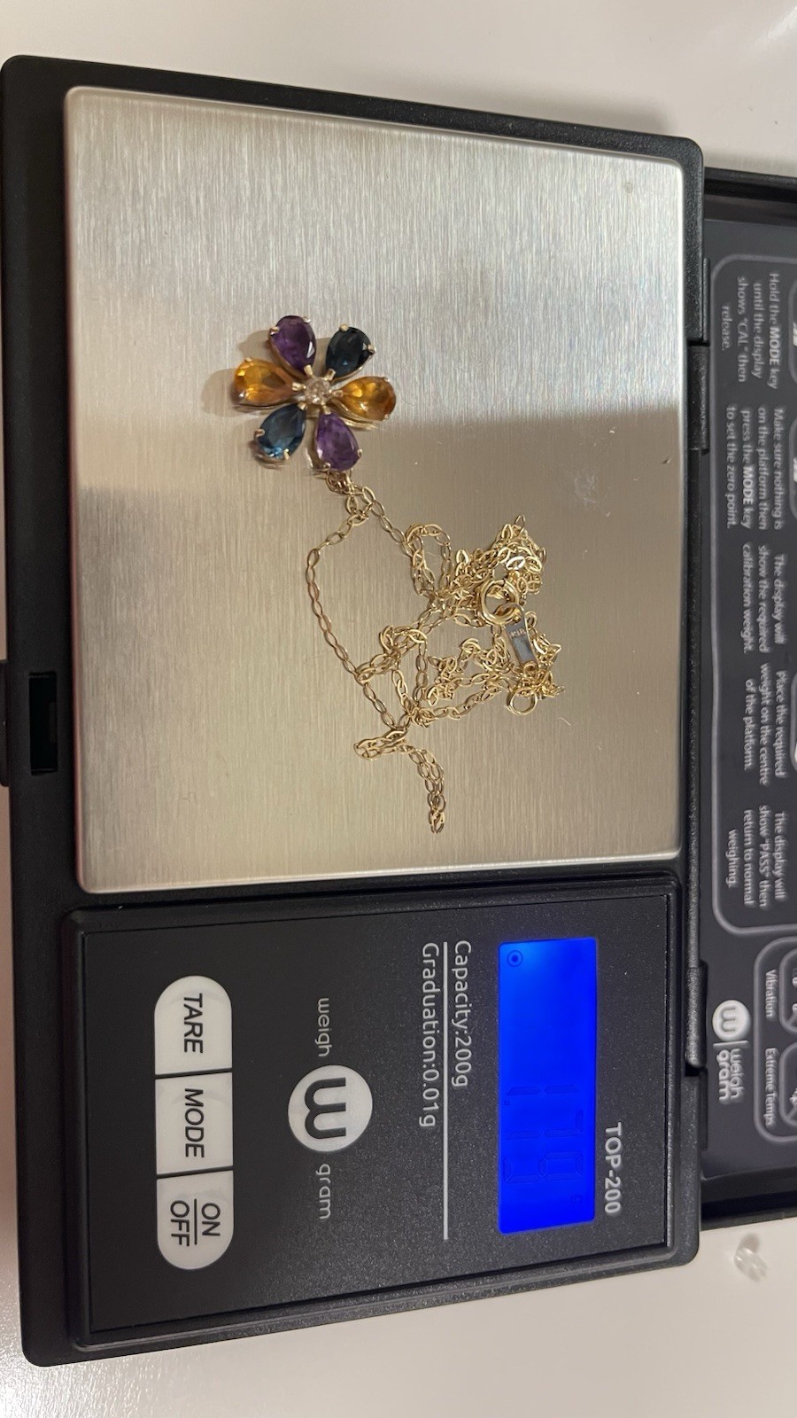 18K necklace with gem pendant (2 carats combined blue topaz,citrine,amethyst