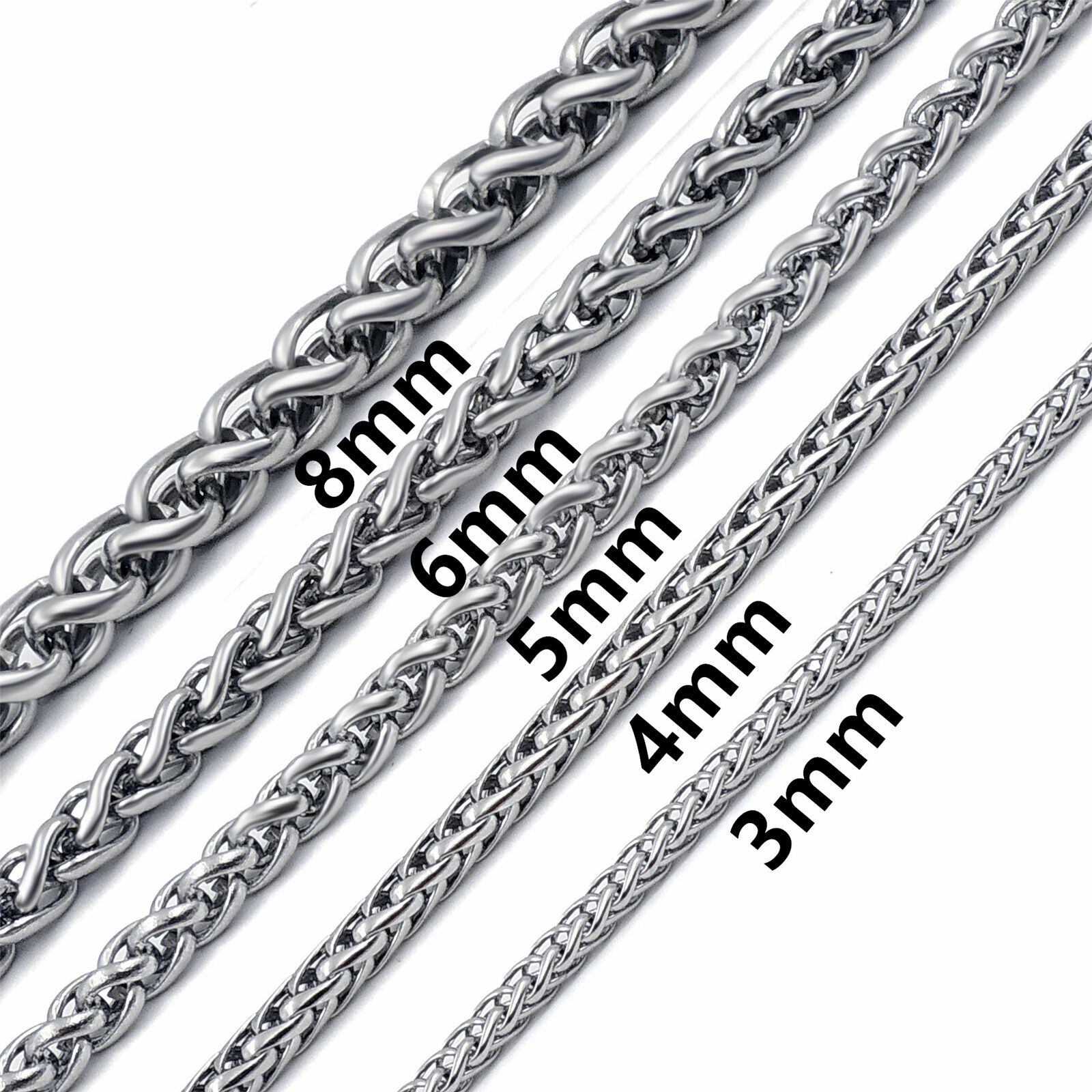 3/4/5/6/8/10mm Boys Men’s Chain Stainless Steel Wheat Link Silver Tone Necklace