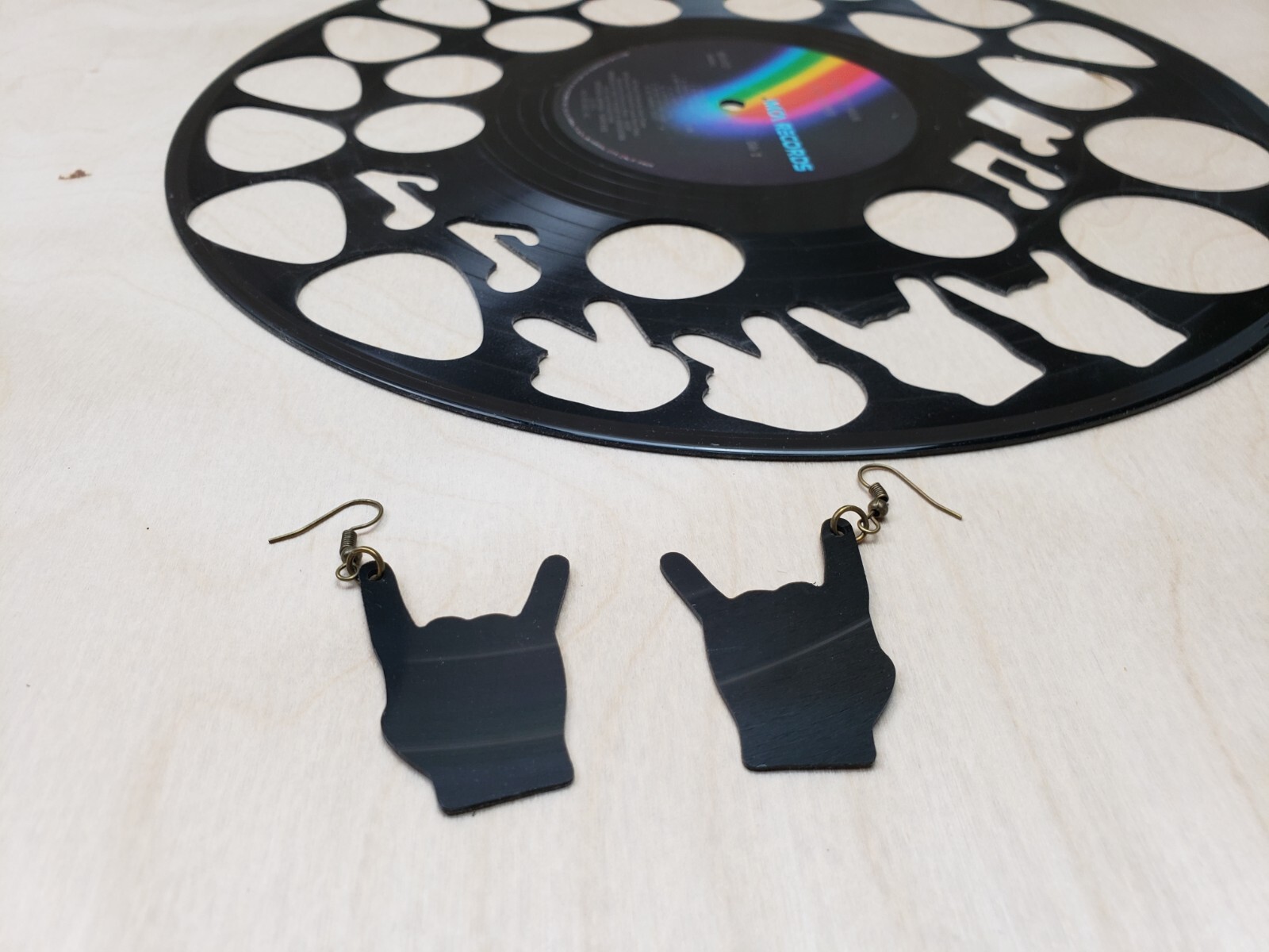 Rock N Roll Hand Salute Earrings Repurposed Music Record Devil Horn Sign Upcycle