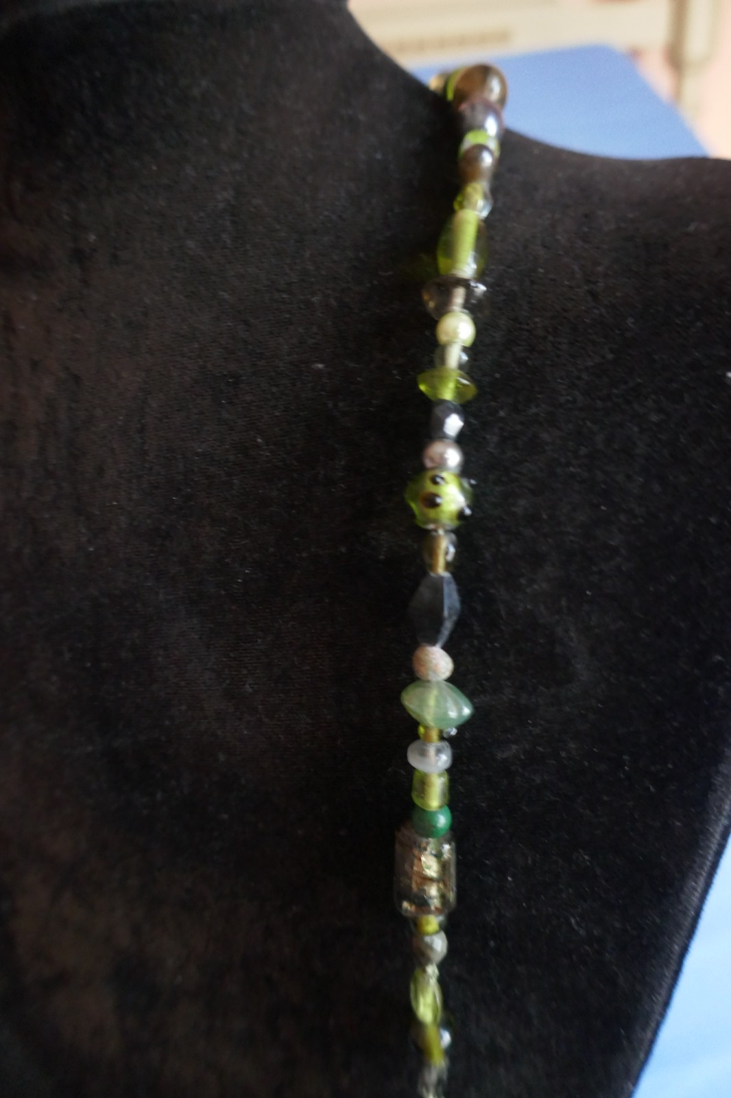 40″ Long Necklace Green Copper Gold Large Abstract Shapes Acrylic & Glass Beads