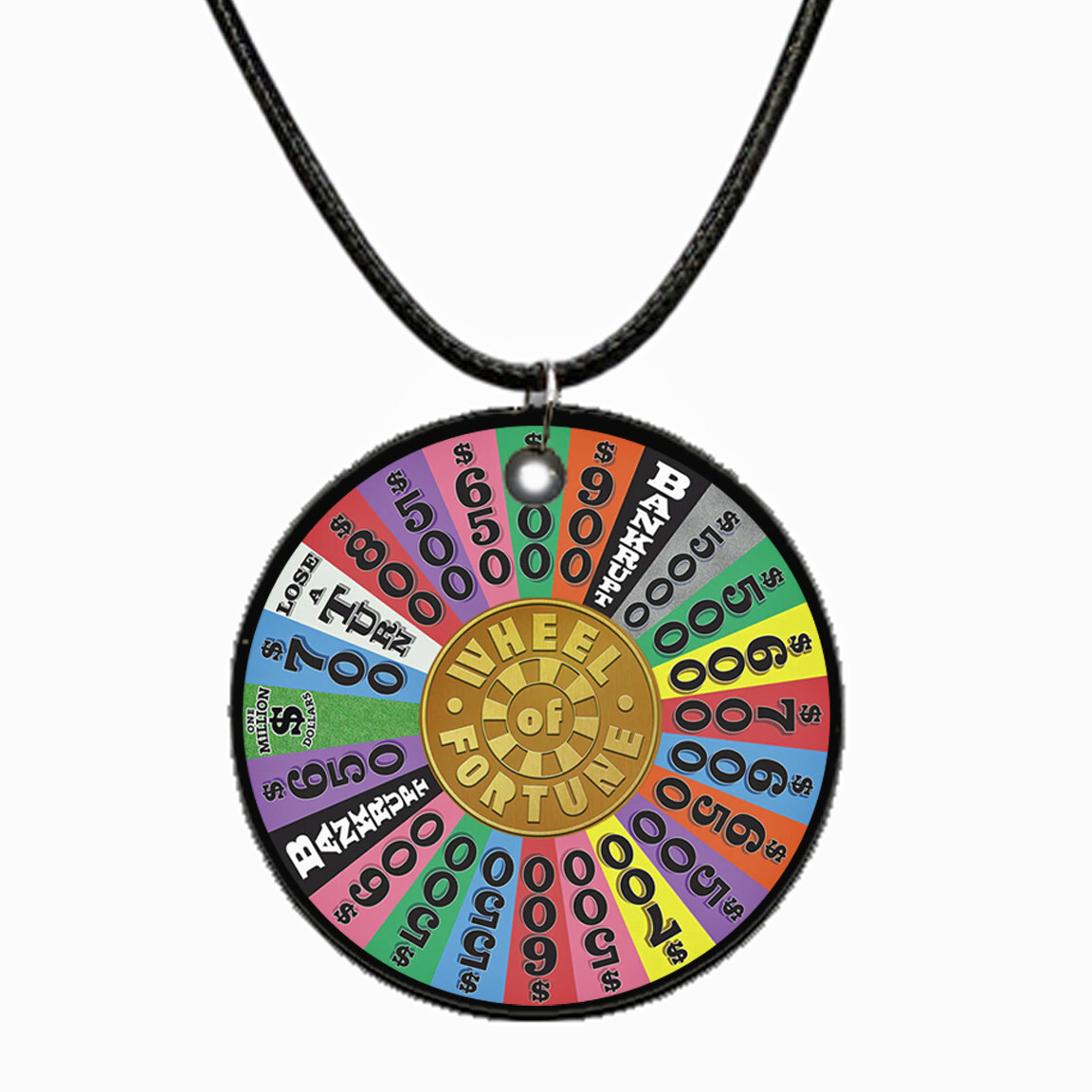 Round Wheel of Fortune Inspired 18″ Black Cord Wood Necklace Game Lovers Gift