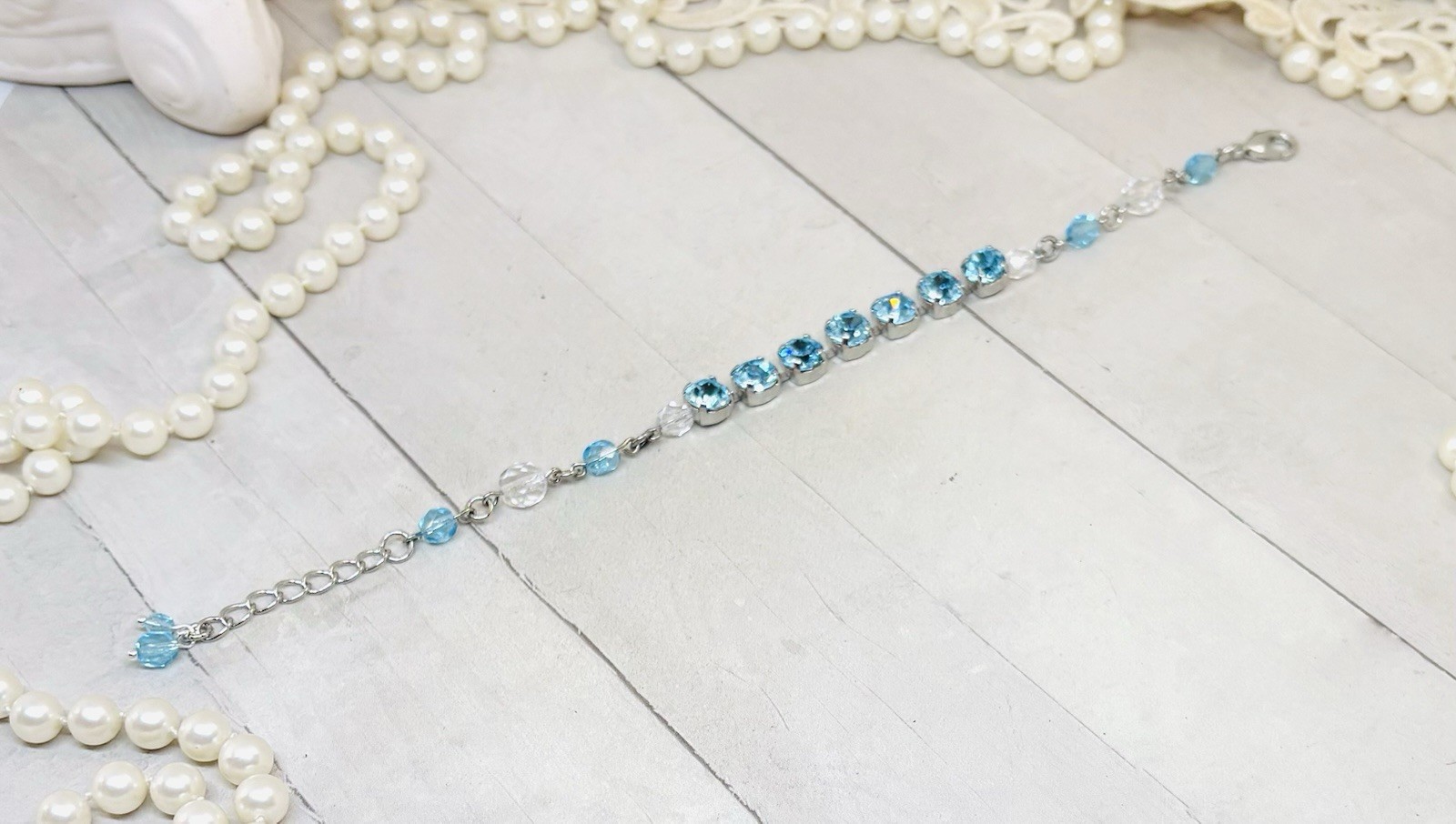 8mm Shiny Silver Plated Beaded Aquamarine Tennis Cup Chain Bracelet