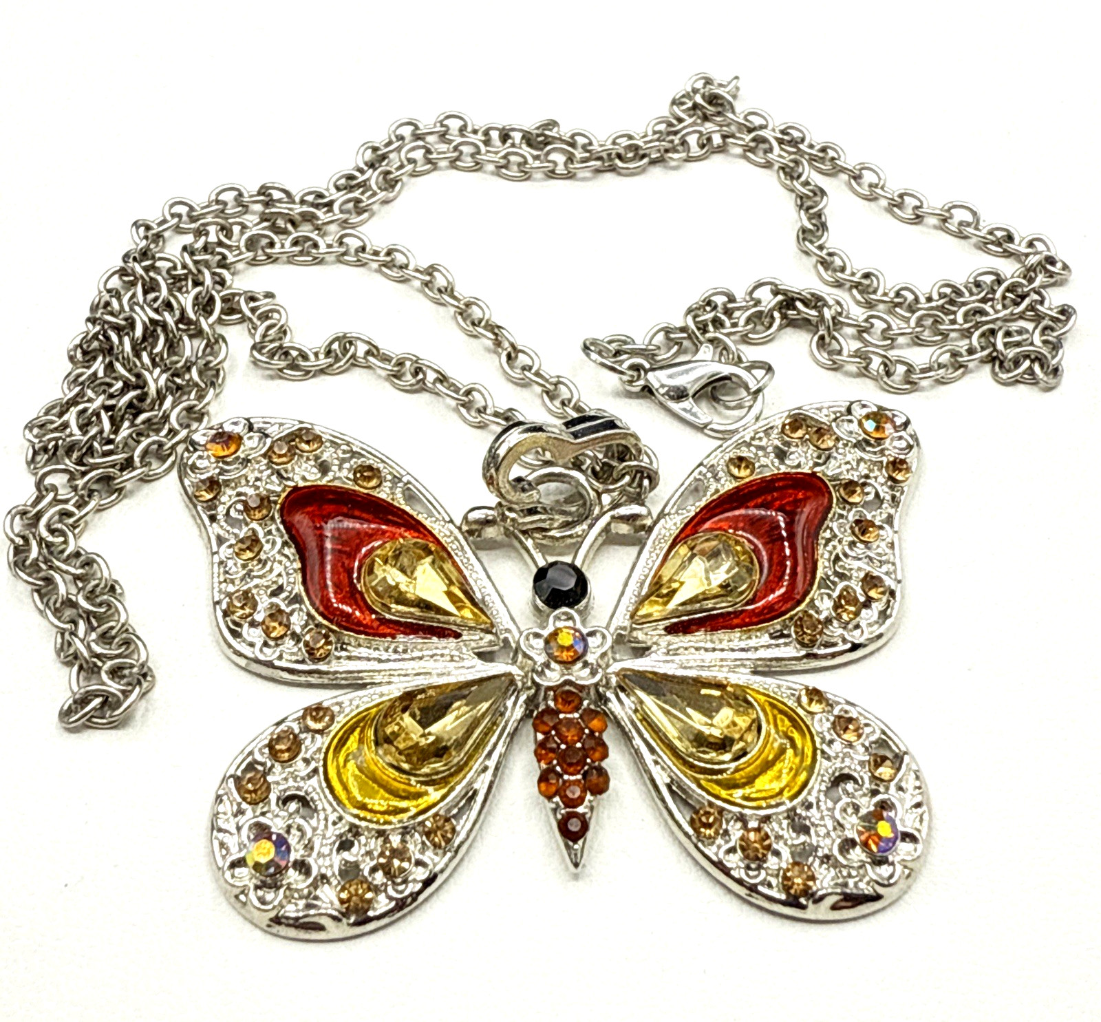 Butterfly Necklace 27″ Acrylic Red Yellow Crystal Pendant Silver Tone Long Chain