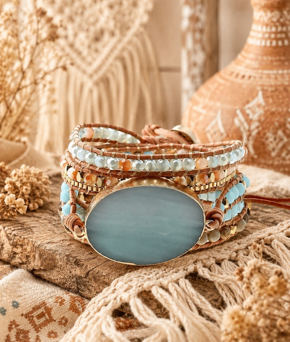 Plumiss Amazonite Natural Gemstone Crystal Leather Beaded Boho Wrap Bracelet