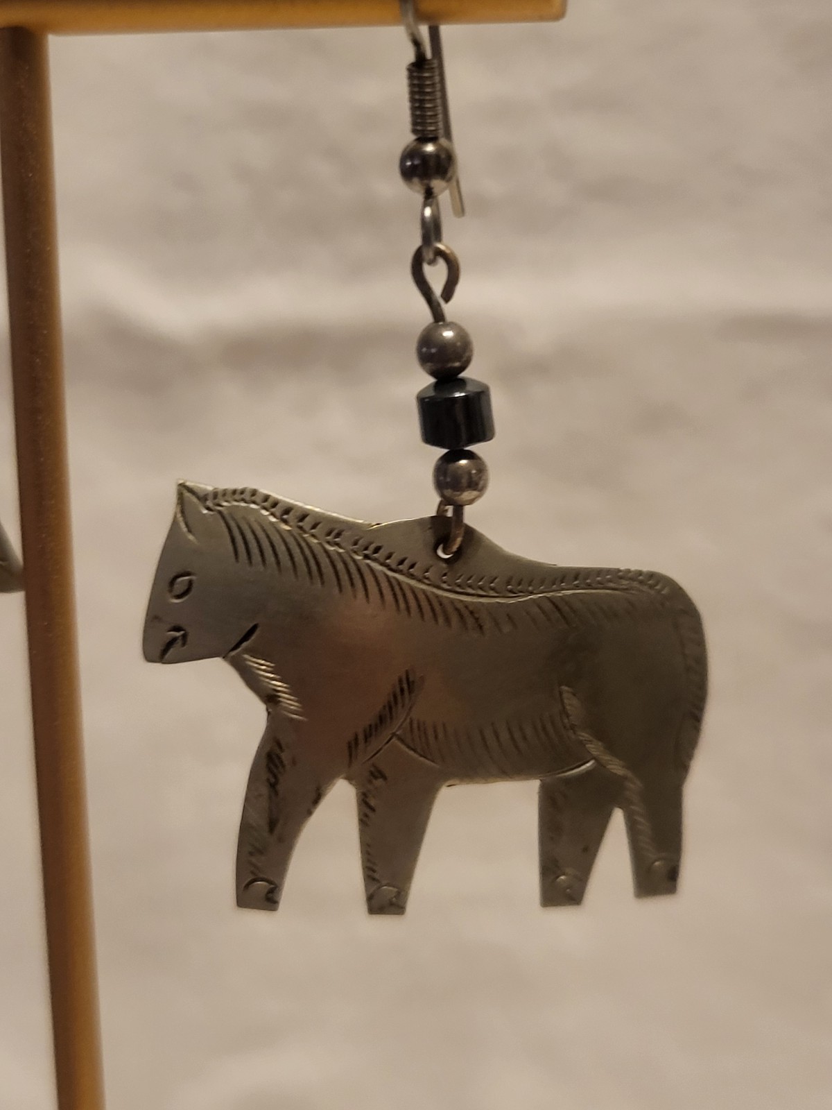 Silver Tone Horse Dangle Drop Hook Earrings Black Beads Metal No Stone
