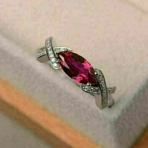 Marquise Simulated Pink Ruby Stunning Engagement Band Ring 14K White Gold Plated