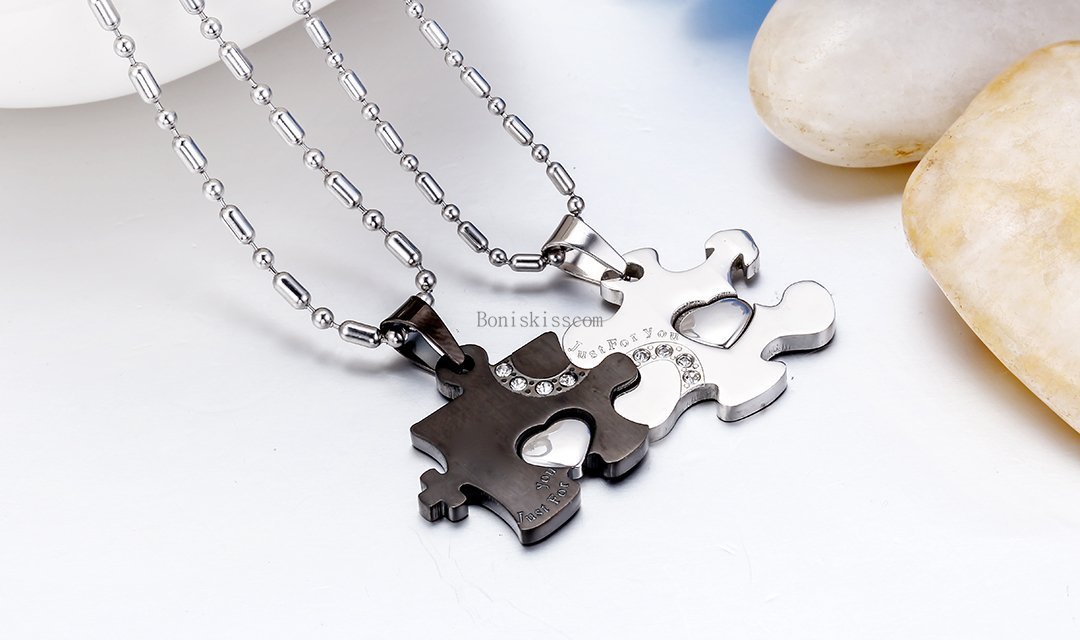 His and Hers Stainless Steel Love Heart Puzzle Pendant Couple Necklaces 1 Pair
