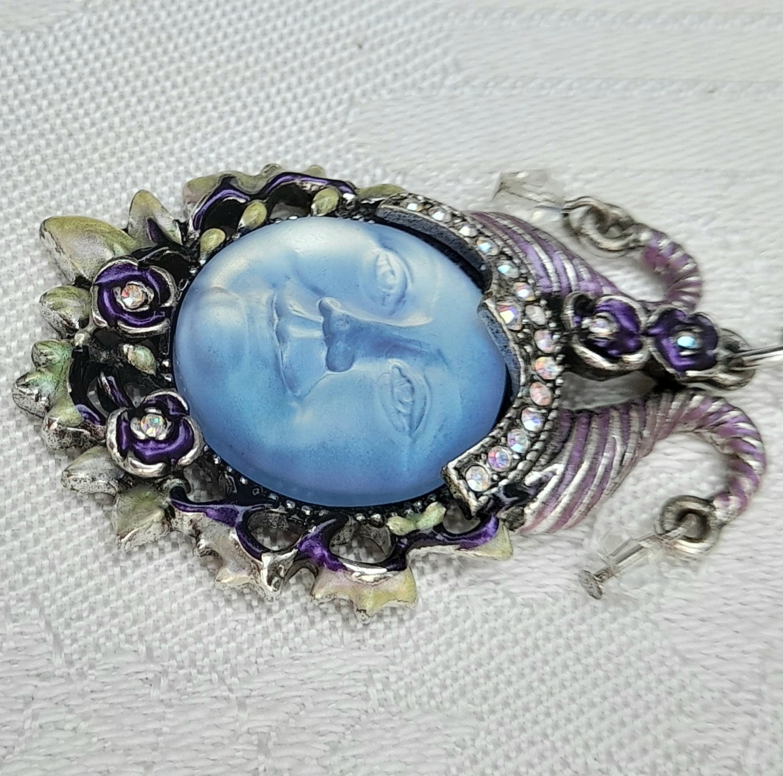 Kirks Folly Sea view Moon Face pendant necklace enamelled with ab stones signed
