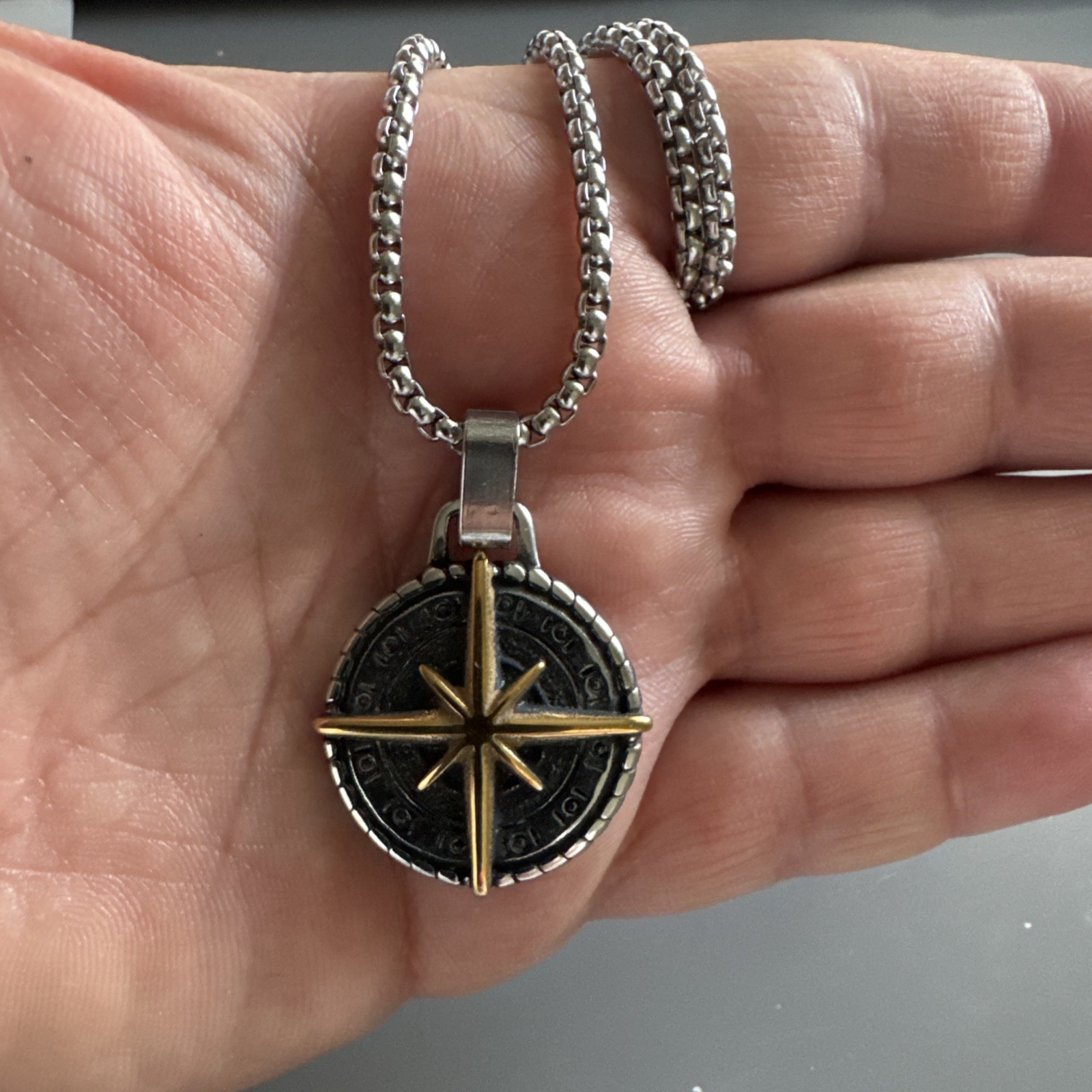 Viking Compass “North Star” or “Nautical Star” Two-tone Pendant 24” Chain Gift
