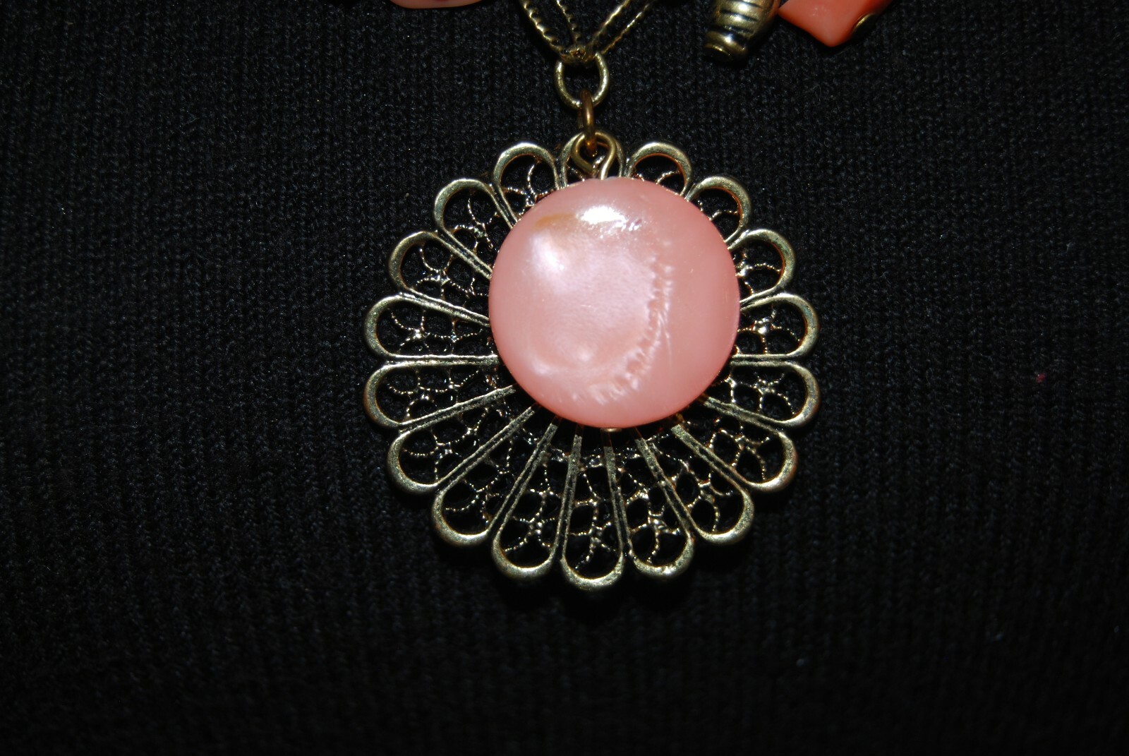 Gold Toned Metal Chain With Peach Color Stones & Charms Statement Long Necklace
