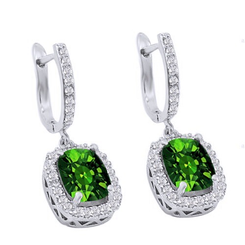Halo Hoop Earrings Emerald & Simulated Diamond Solid 925 Sterling Silver