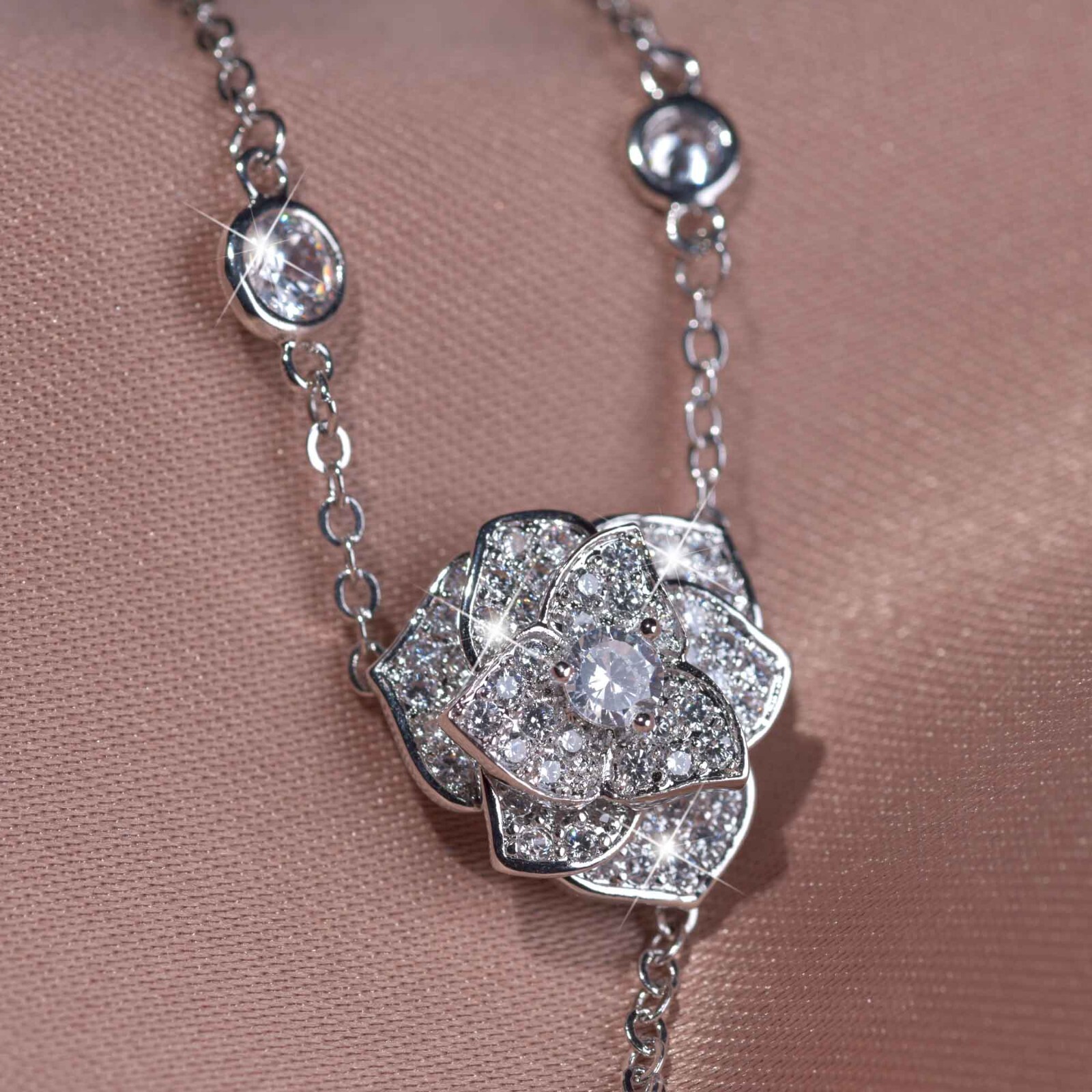 silver pearl Y Lariat necklace made with Swarovski crystal rose flower pendant