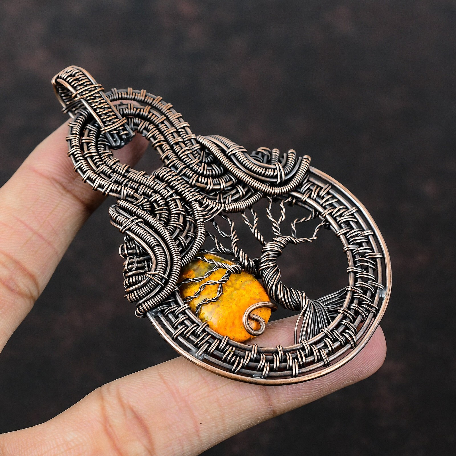 Gift For Her Copper Bumble Bee Jasper Wire Wrapped Tree Of Life Pendant 3.5″