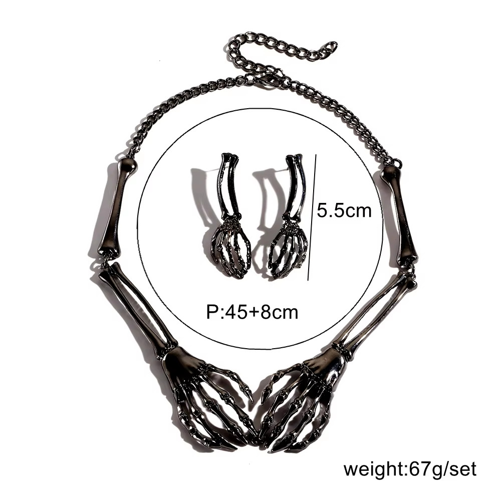 Halloween Skeleton Hand Necklace Earrings Set – Gothic Punk Jewelry for Women