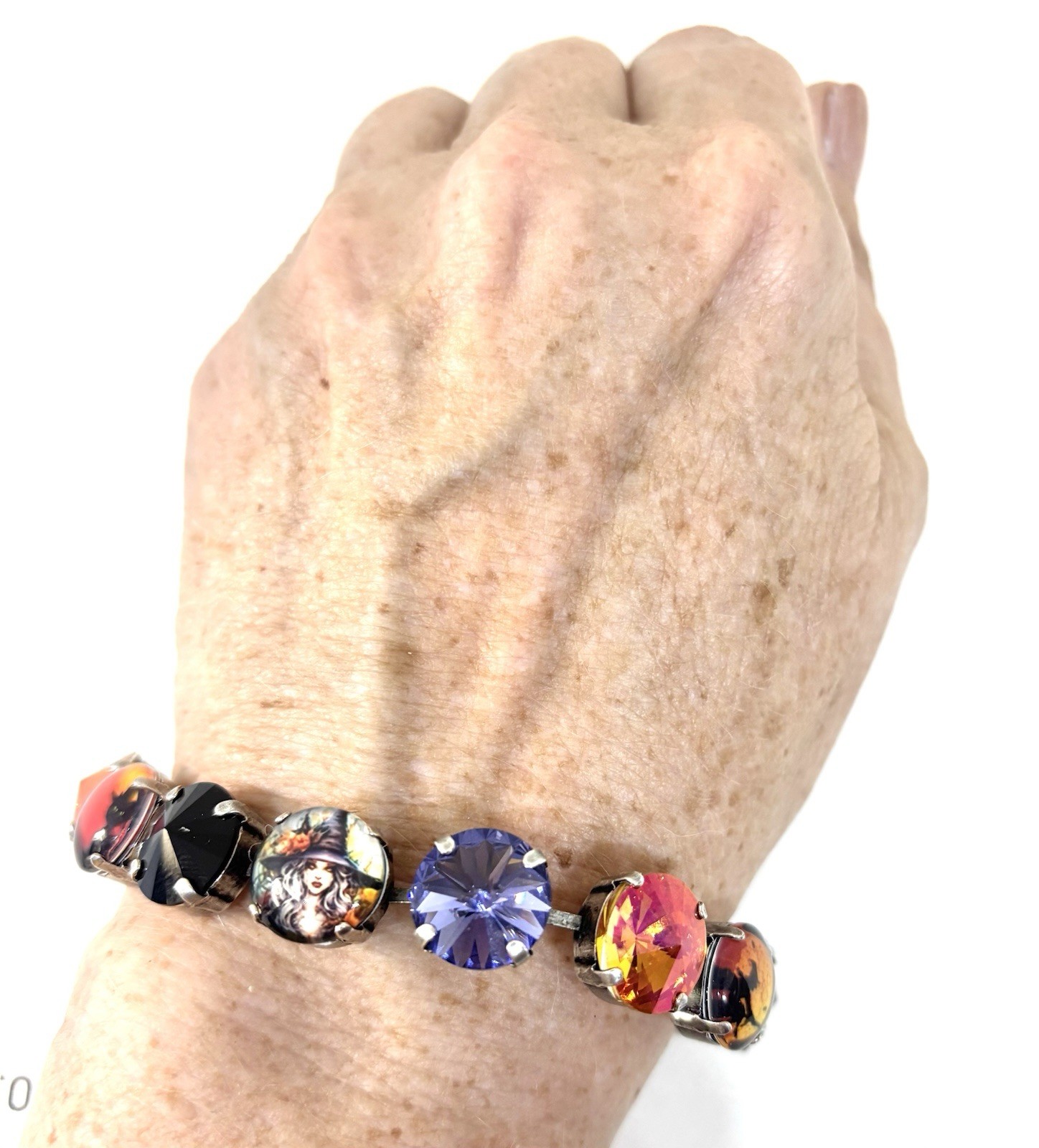 Orange Halloween Witch Cup Chain Statement Bracelet With Jet Black Crystals