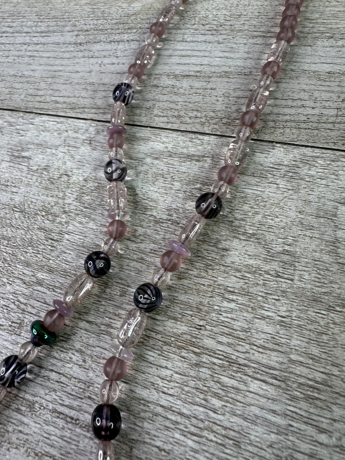 Artisan Beaded Necklace Pink Purple Iridescent Glass Acrylic Beads 22.5″ Length