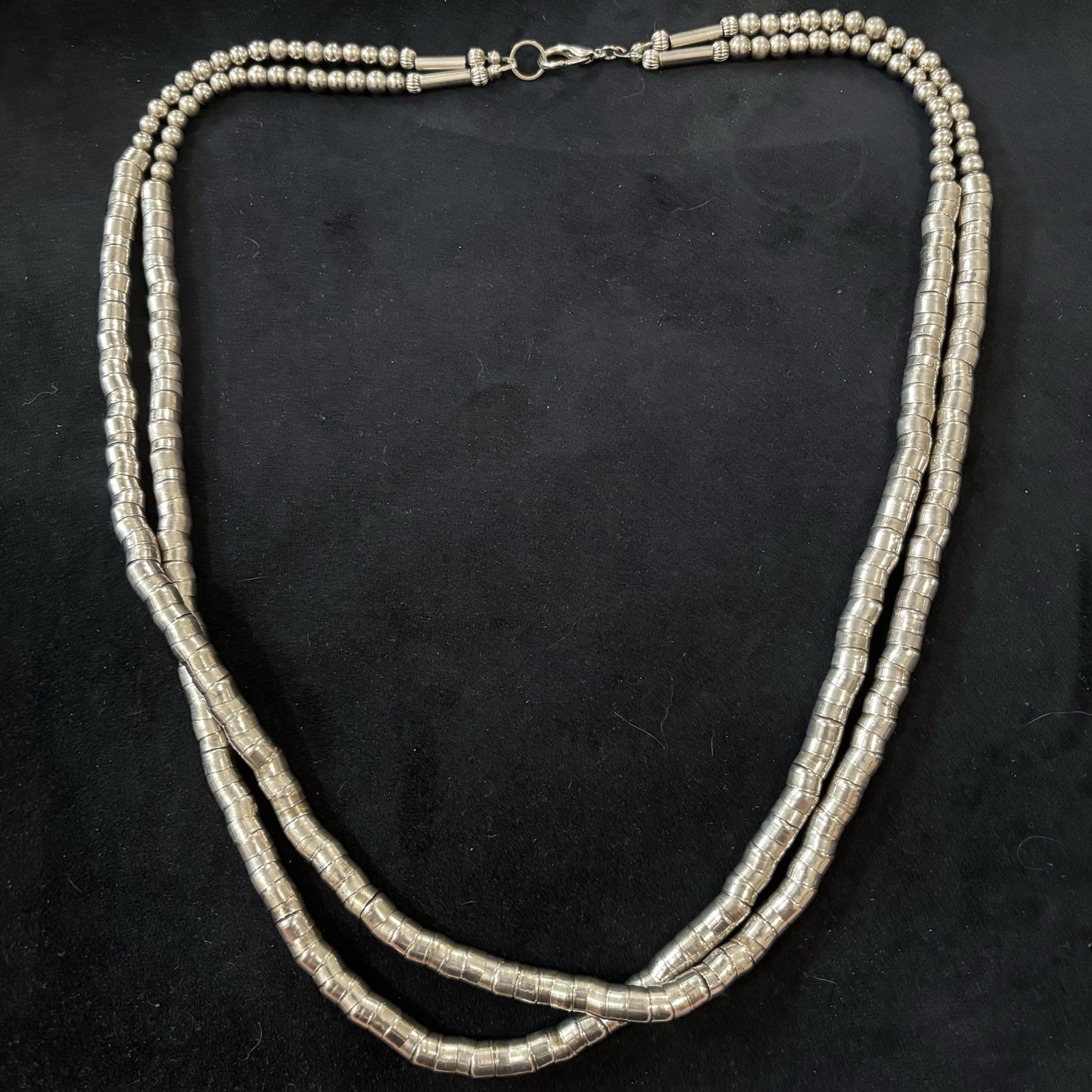 Double Strand Silver Tone Barrel Bead Necklace 31” Statement Southwest
