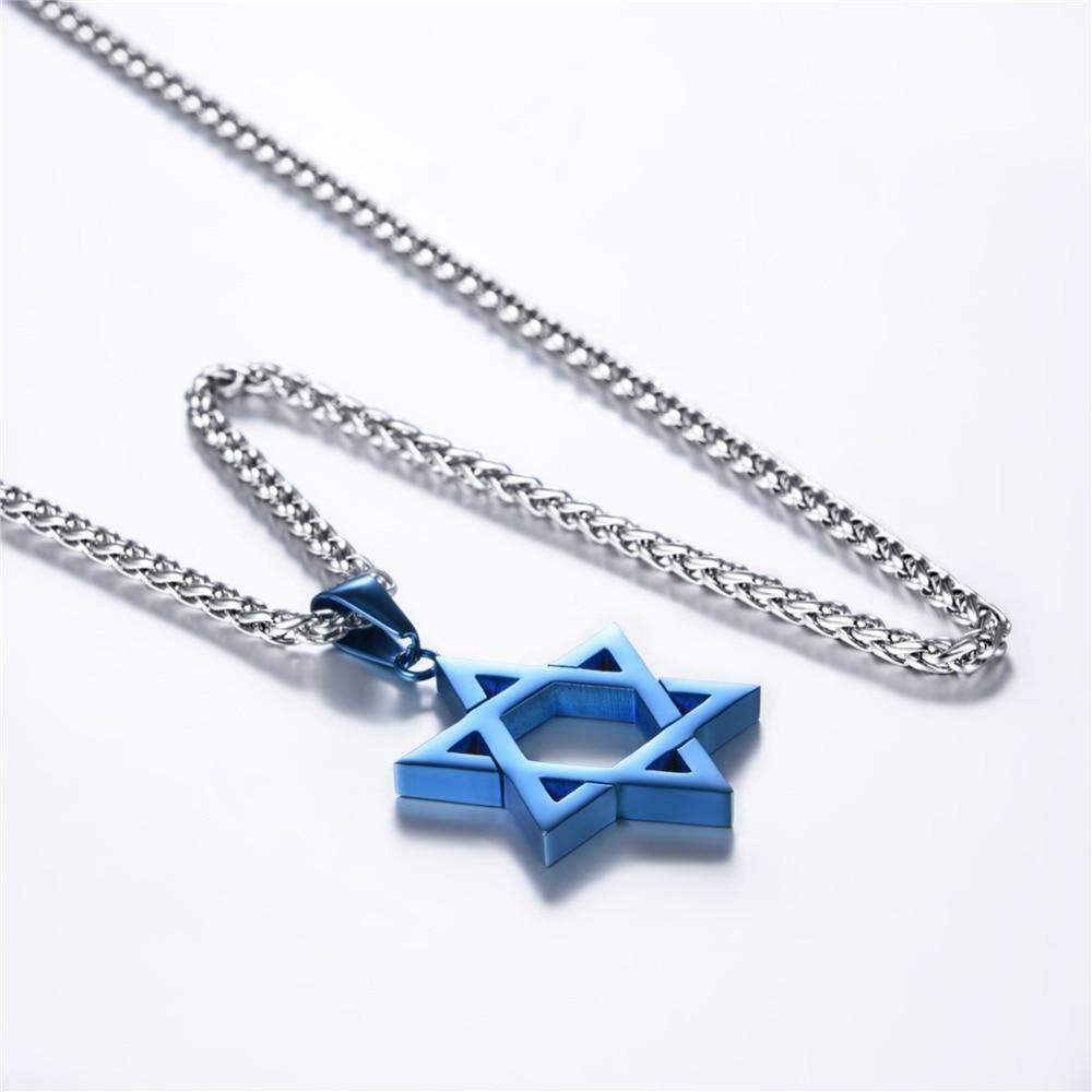 Star of David Pendant Necklace Chain christian Israel Jewish Blue Ion Plate