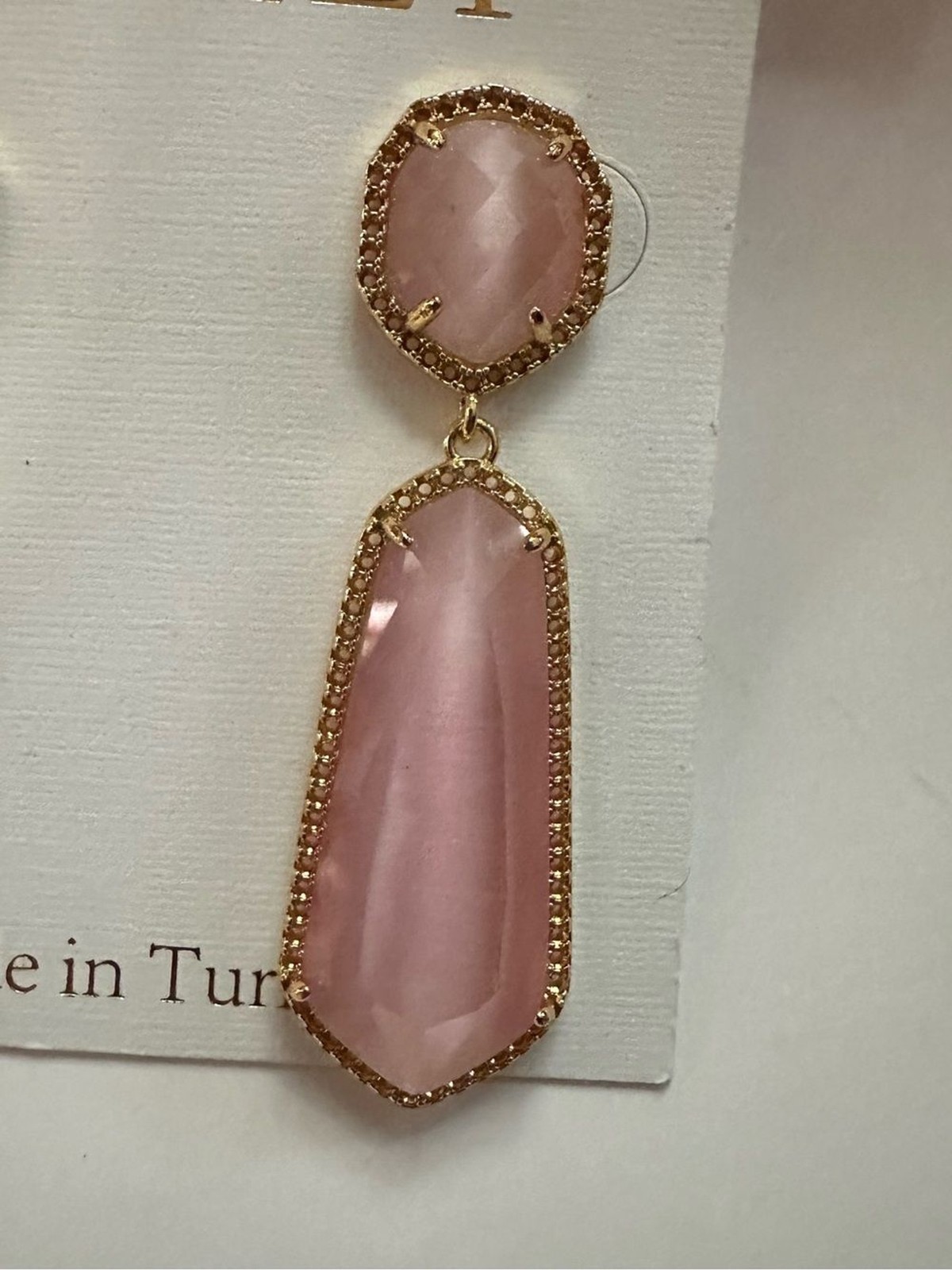 Pink Gold-Tone Long Double Drop Stone Stud Earrings Made in Turkey NWT