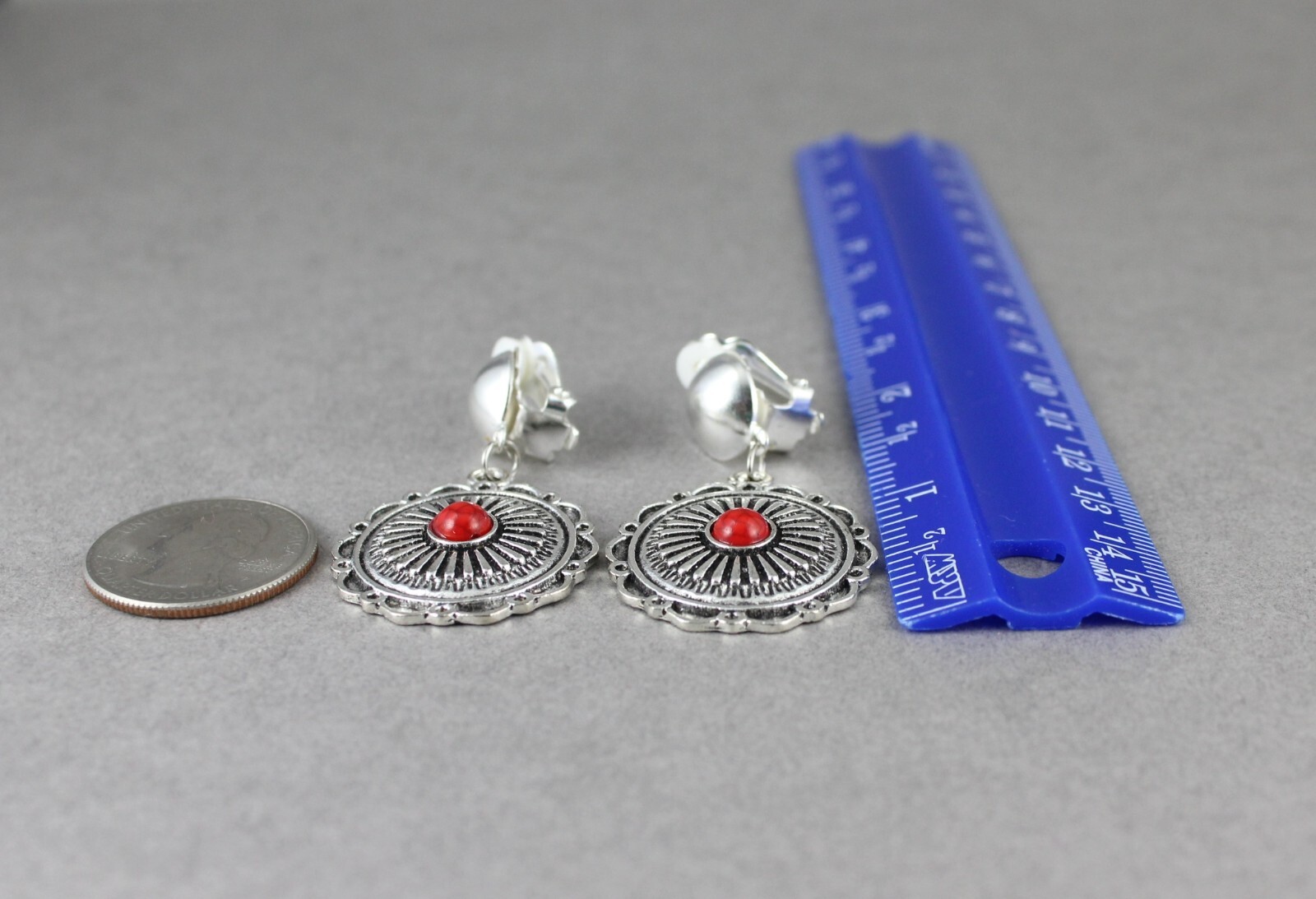 Silver Clip On earrings round medallion pendant clips lightweight 1 7/8″ long