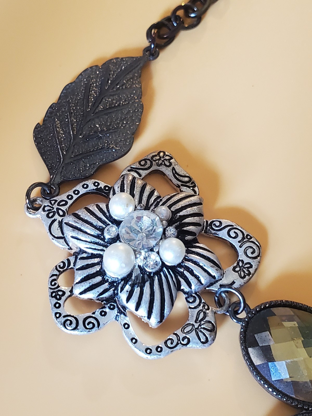 Park Lane Statement Necklace Crystal Pearl Flowers Leaves Butterfly Black Chain