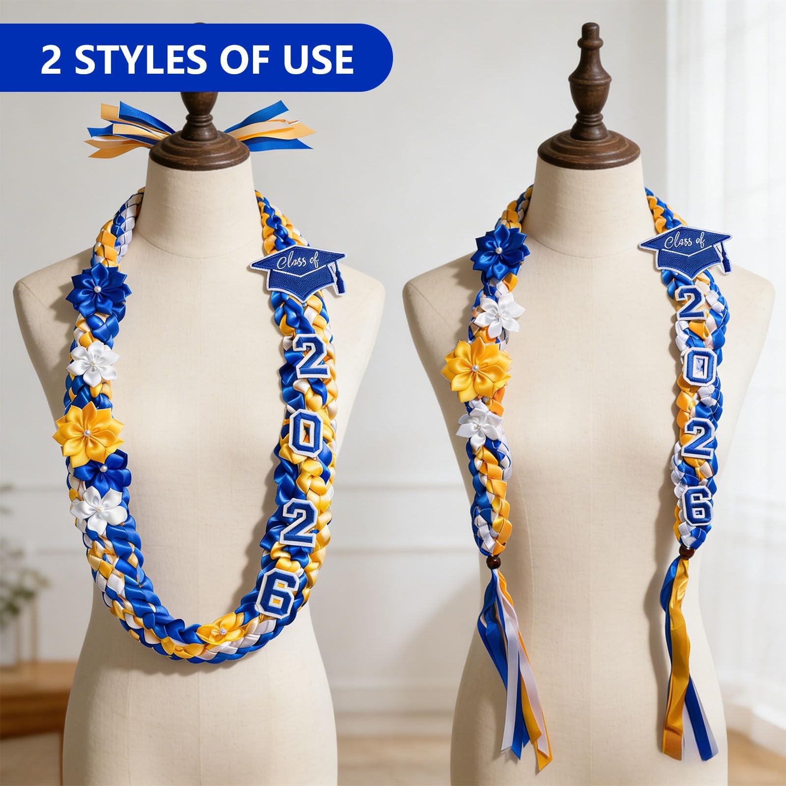 50” Graduation Lei 2026 Double Braided Ribbon Lei with 4 Satin Flowers, 2026 Gr