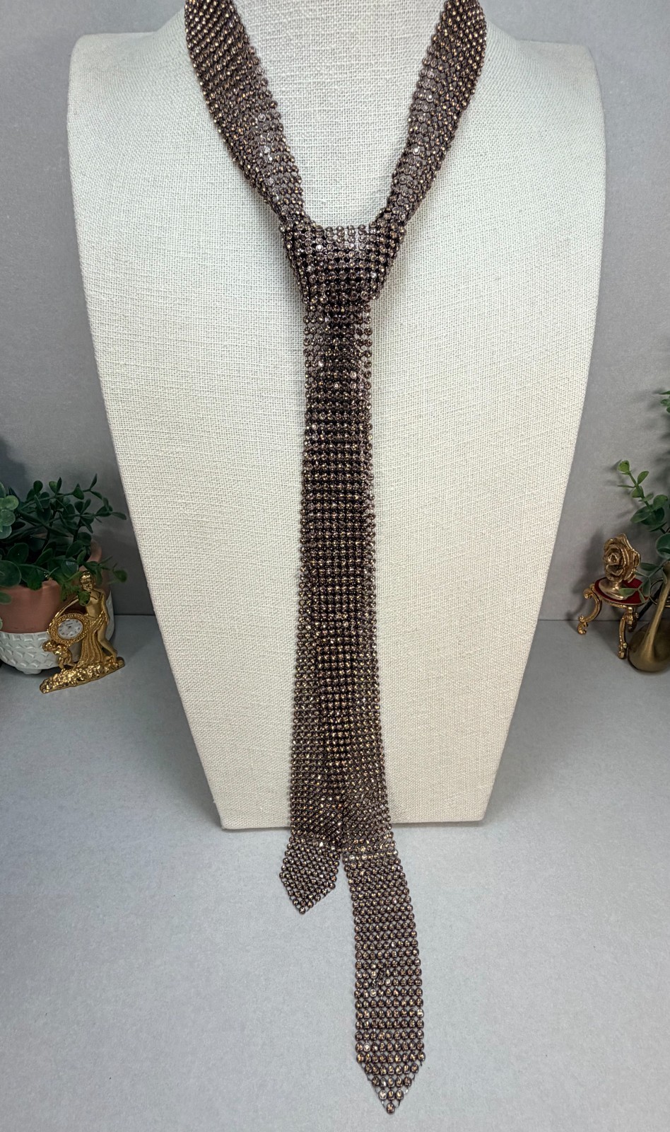 ZARA NWOT Bronze Crystal Rhinestone Necktie Statement Necklace Runway Glam
