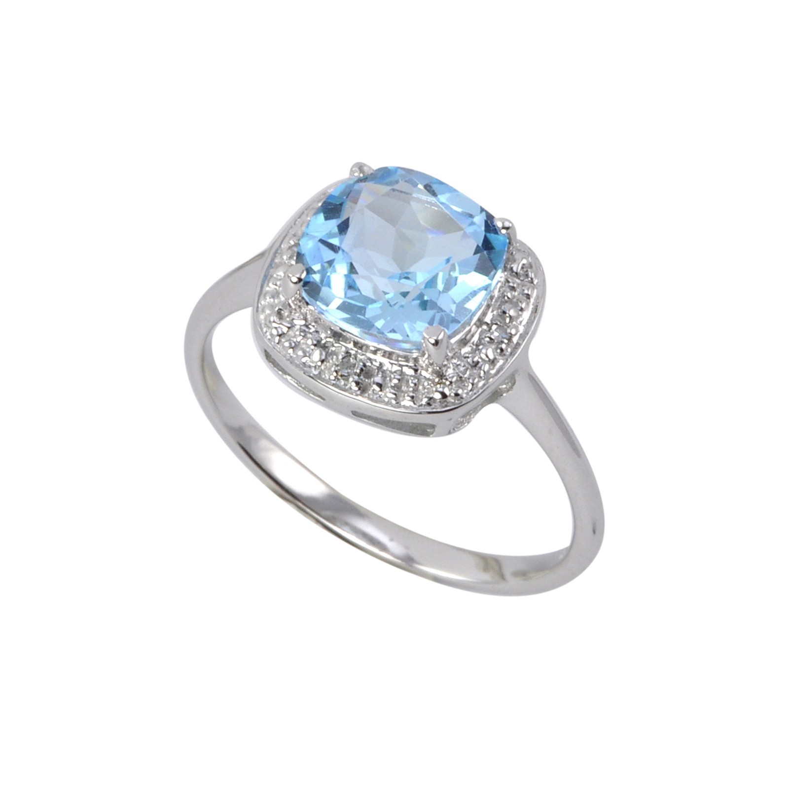 Sterling Silver .01 TCW Genuine Diamond Ring with Square Blue Topaz Center Stone