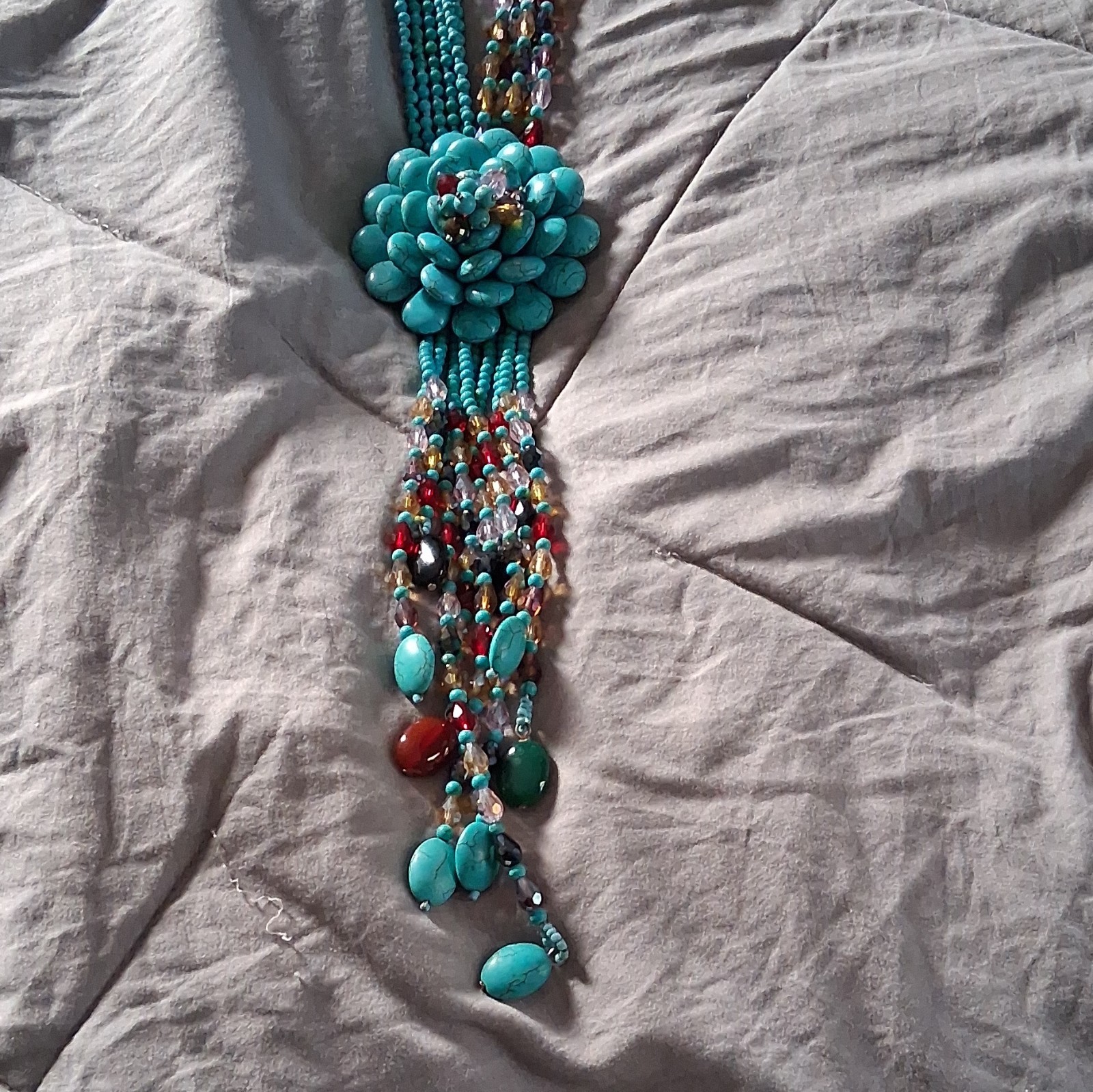 Turquoise Multi-Strand Beaded Statement Flower Pendant Necklace Adjustable