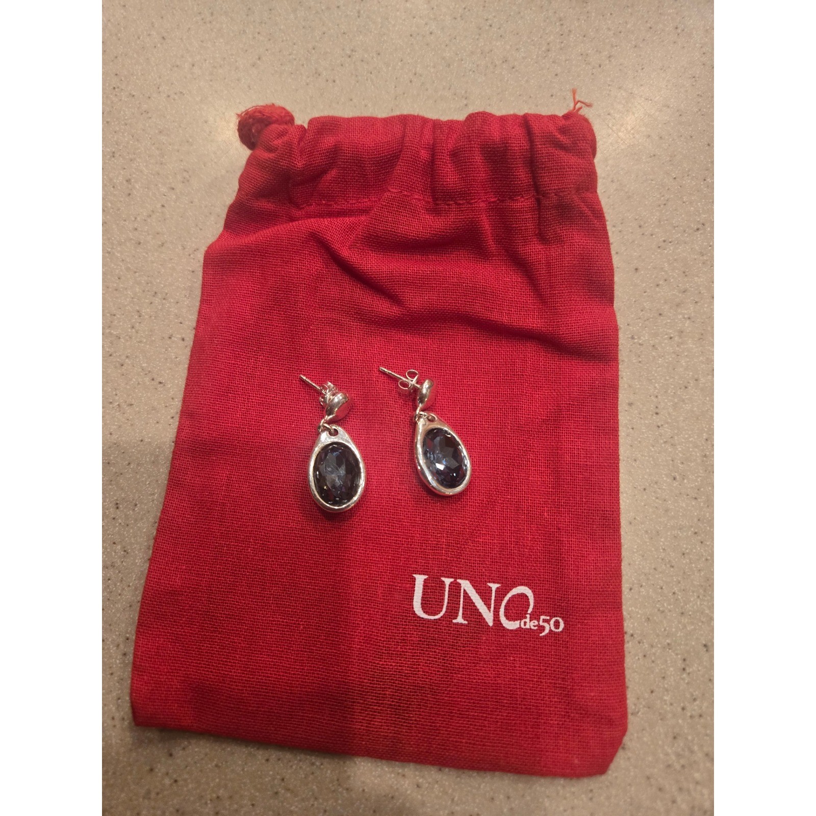 UNOde50 Silver Plated Grey Swarovski Crystal Teardrop Dangle Earrings with Pouch