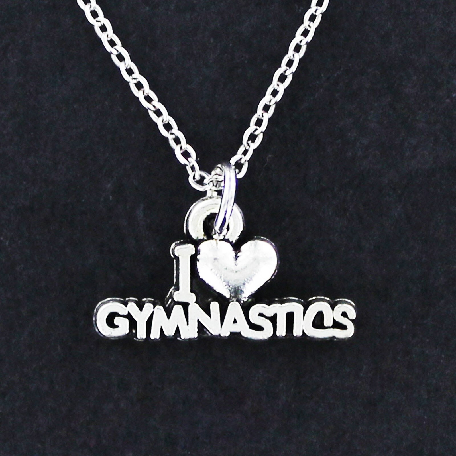 I LOVE GYMNASTICS Necklace on Chain – Pewter Heart Olympics Sports Girls NCAA