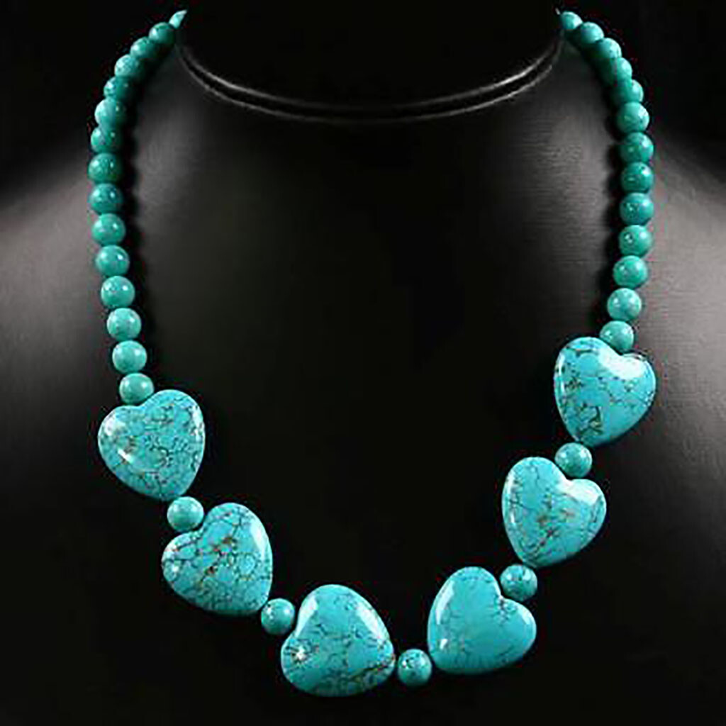 Natural 6mm &18x18mm Blue Turquoise Gems Round Heart-shaped Beads Necklace 18”