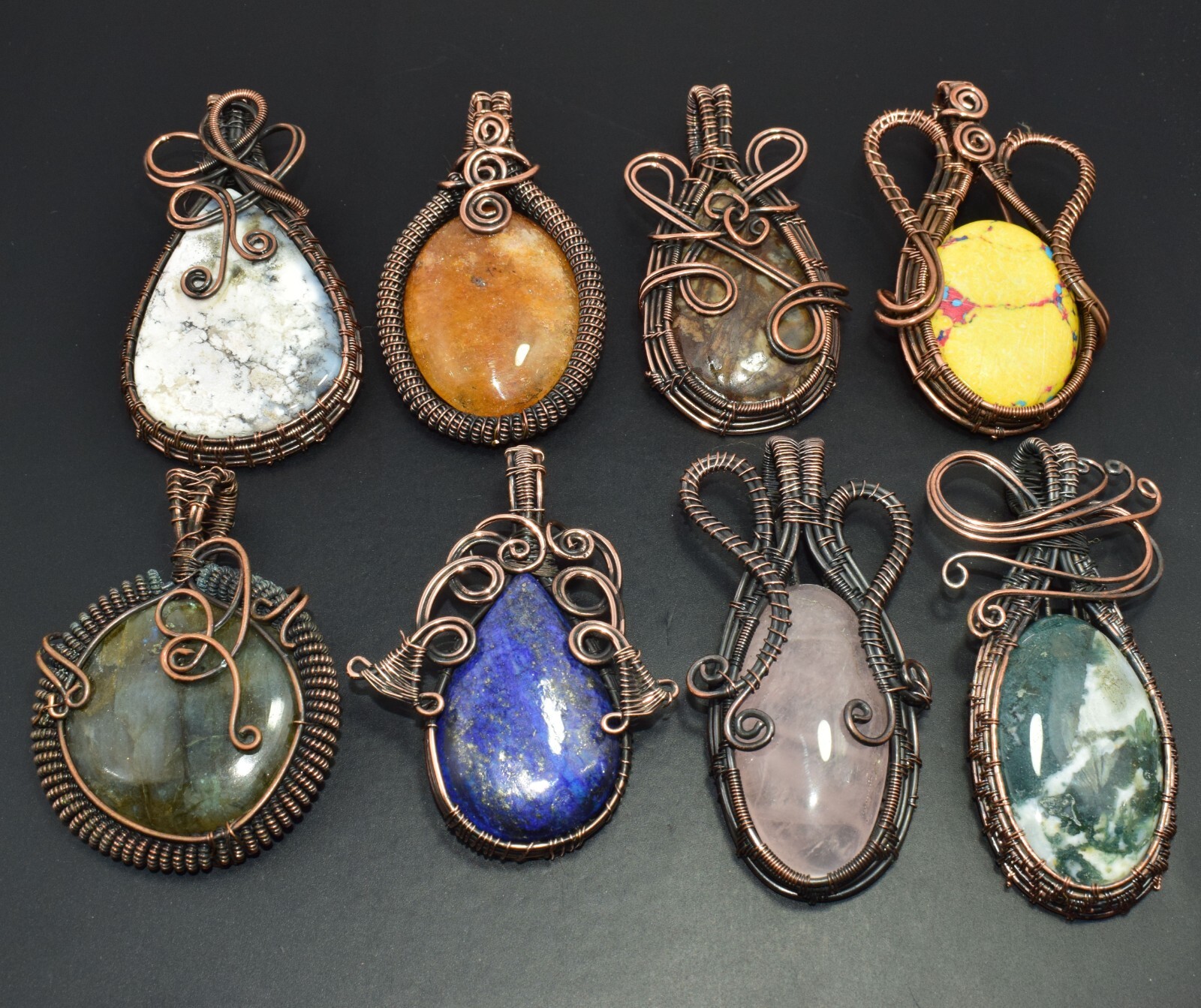 10 Pcs Lot Labradorite & Mix Gemstone Handmade Copper Wire Wrap Pendant Jewelry