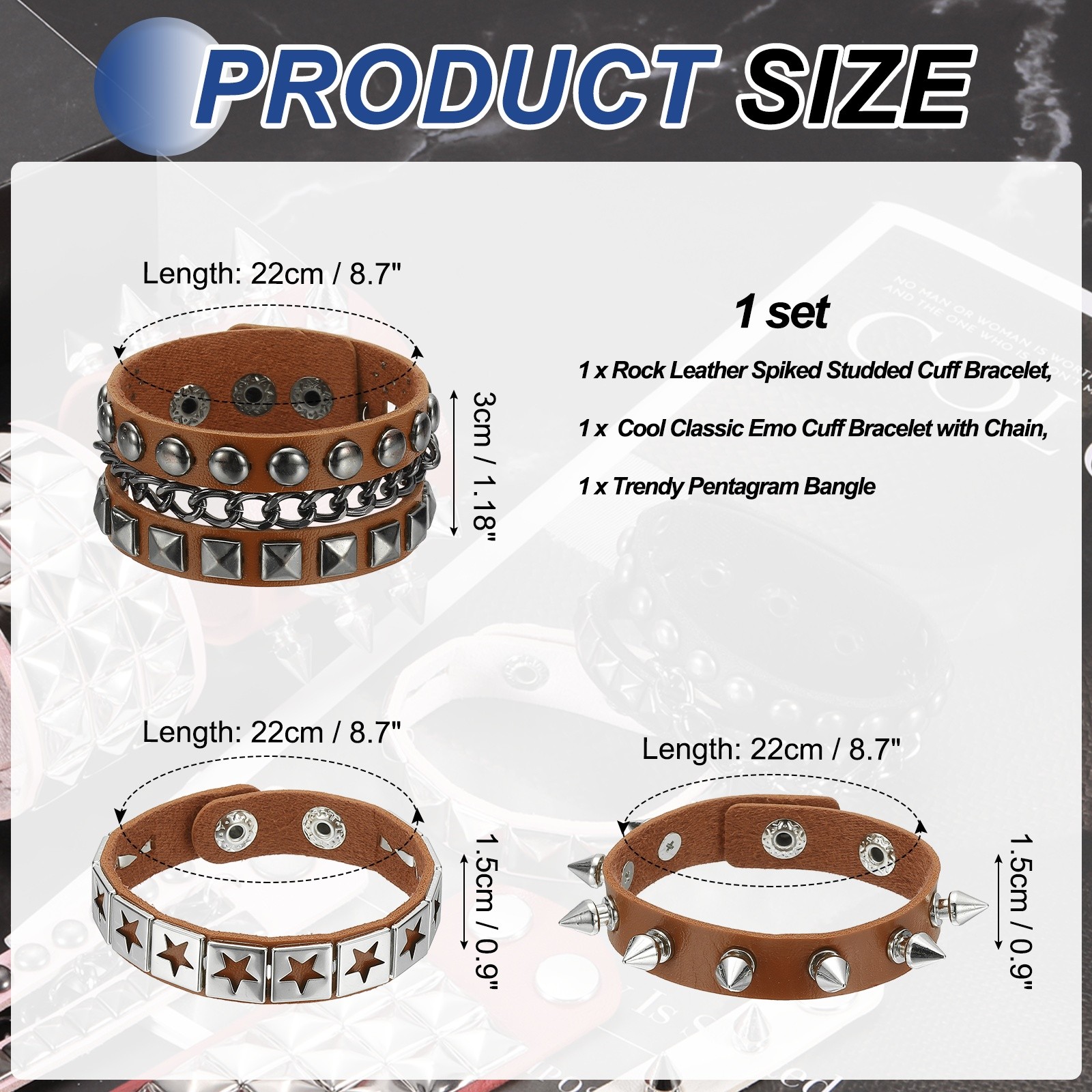 3Pcs Rock Studded Bracelet Set 8.7″/22cm Adjustable Bracelets Brown