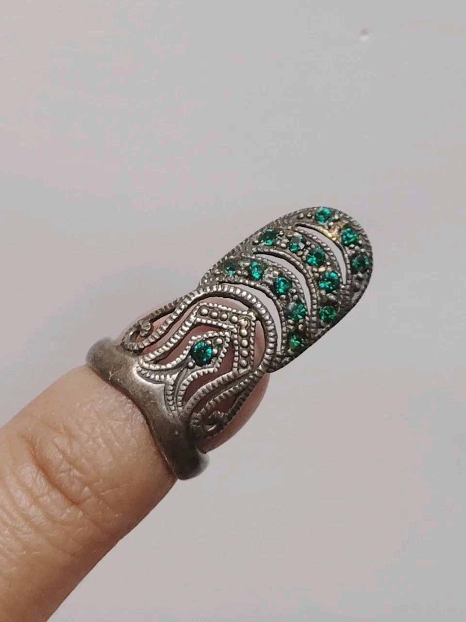 RARE Green Oxidized Sterling Silver 925 Finger Pinky Nail Ring Vintage