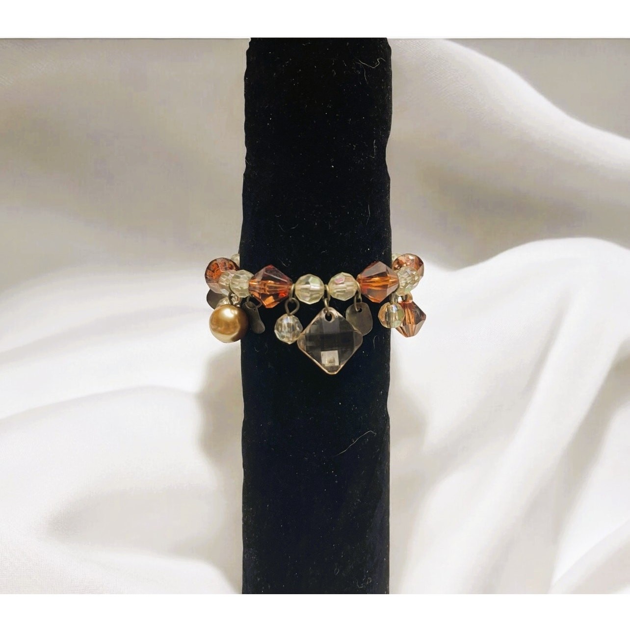 Premier Designs Brown, Beige, Iridescent Clear, Gold Beaded Stretch Bracelet