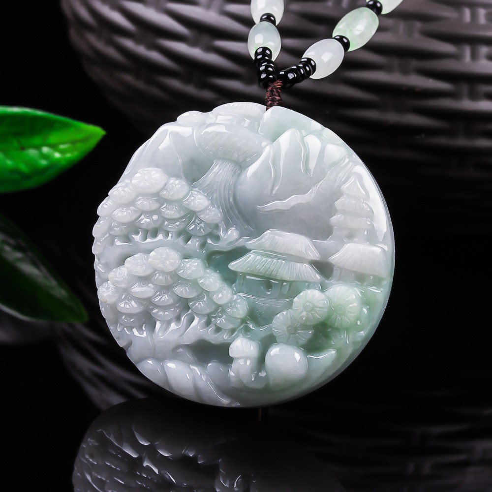 Type A Myanmar Double Sided Round Landscape Jadeite Pendant Carved Jewelry Gift