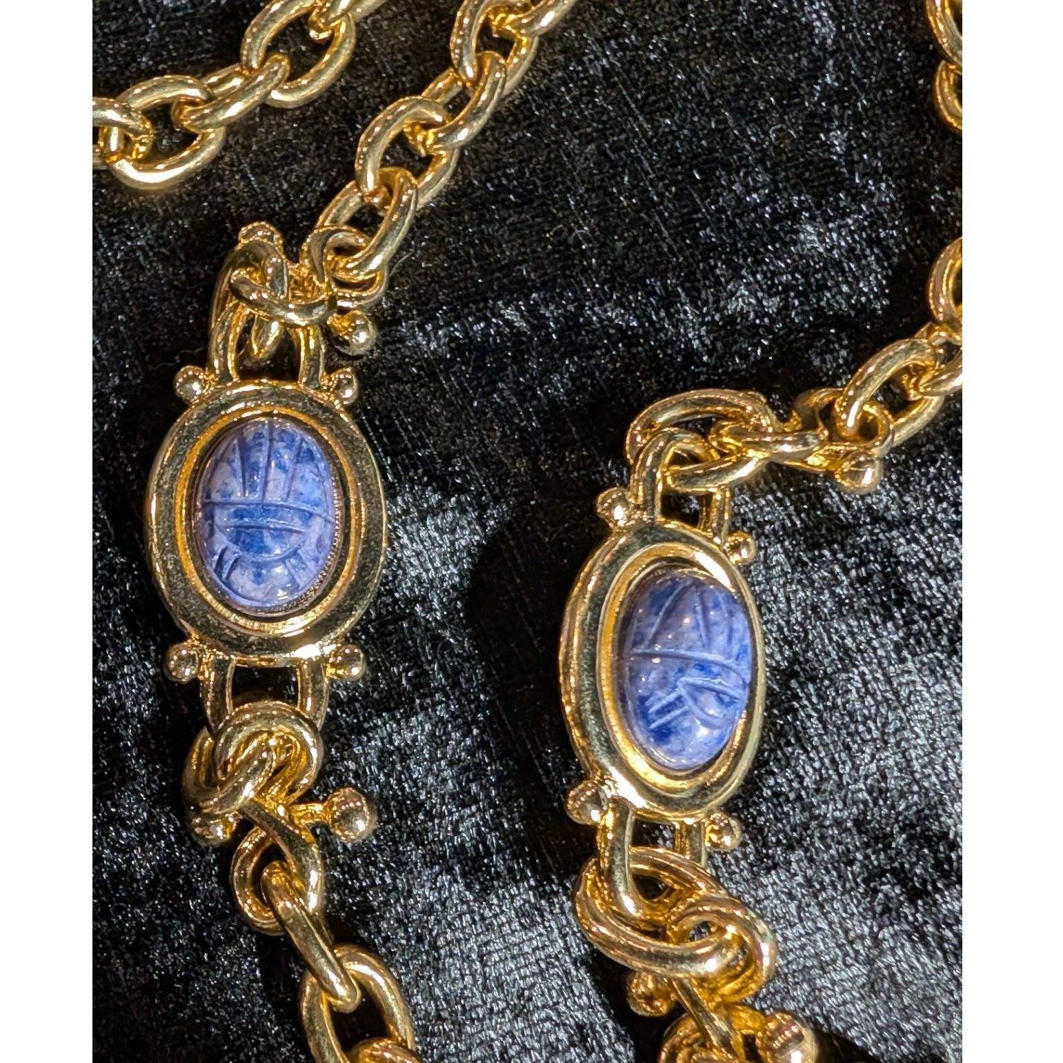 Vintage Gold Tone Reversible Scarab Beetle Long Chain Necklace Blue Red 34 Inch