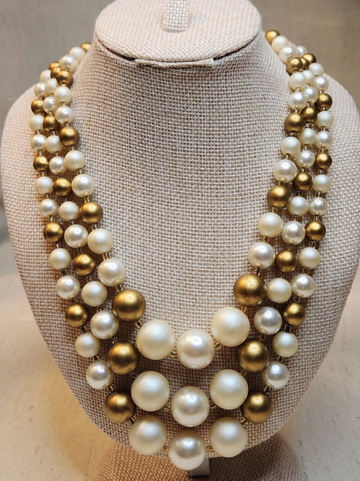 Vintage Japan Multi Strand MCM Pearl Gold Bead Necklace Graduated Statement