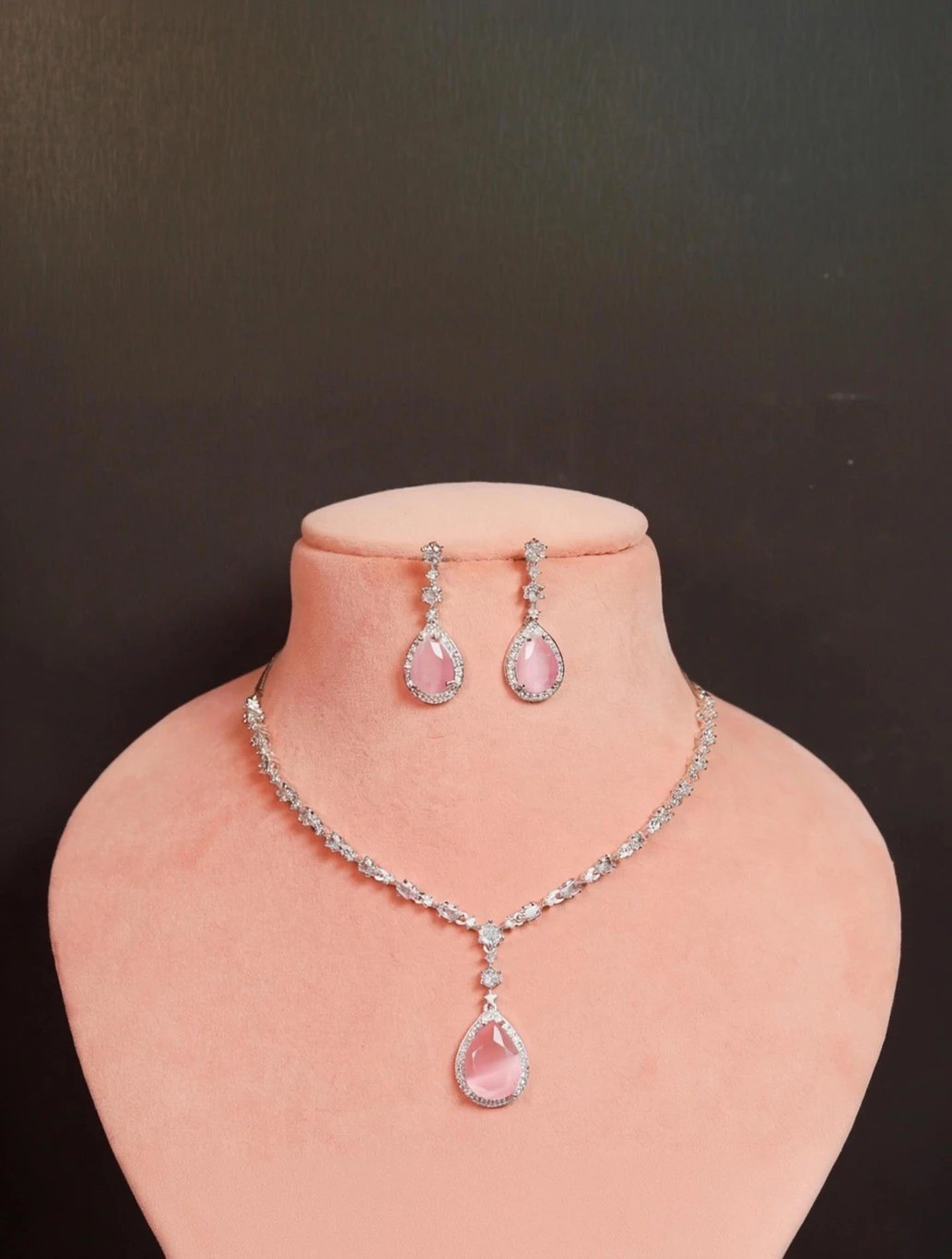 Pink Crystal Necklace Earrings Set – Art Deco Brass Jewelry lab created stone