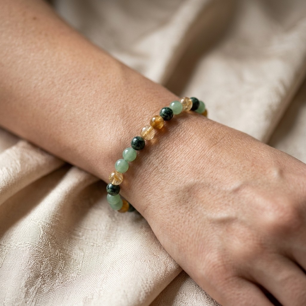 Triple Prosperity 4mm Bracelet Green Aventurine African Turquoise Yellow Quartz