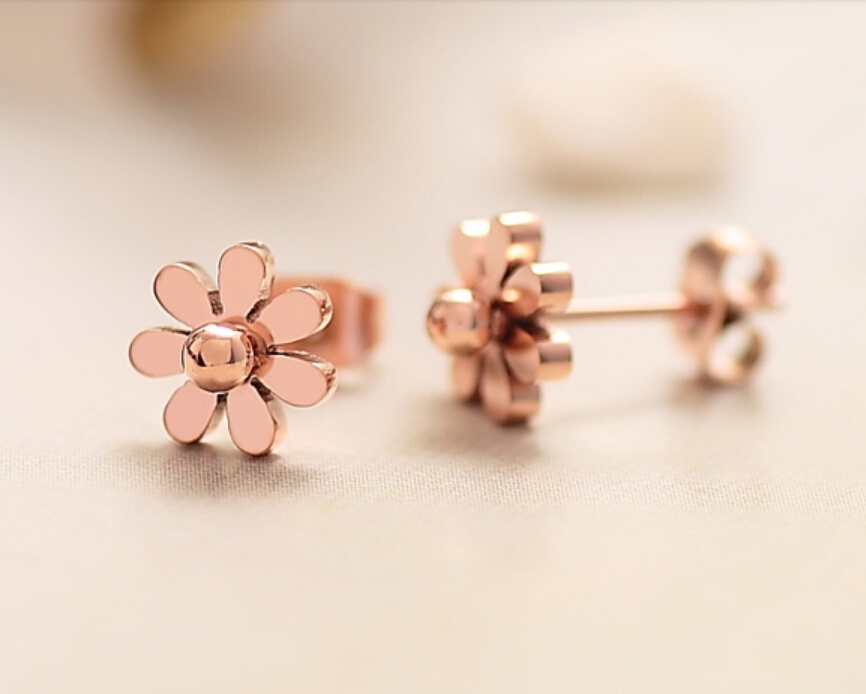 18KGP Rose Gold Stainless Steel High Polished Daisy Stud Earrings