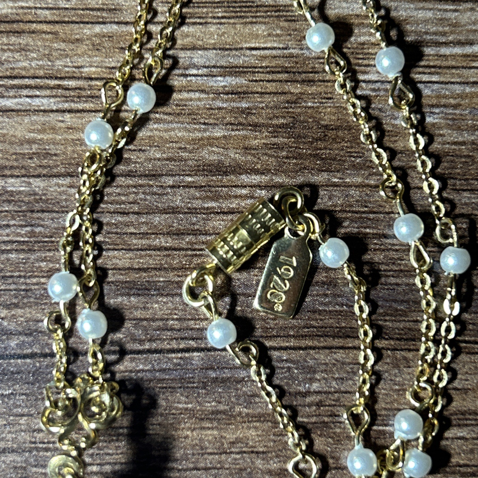 1928 Jewelry – Gold-tone Crystal/Porcelain Rose/Simulated Pearl 17in Necklace