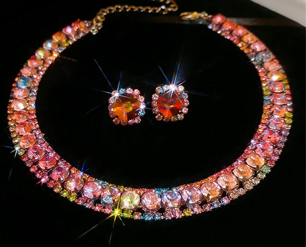 Colorful Pink RHINESTONE Choker Betsey Johnson Statement Necklace Earrings SET