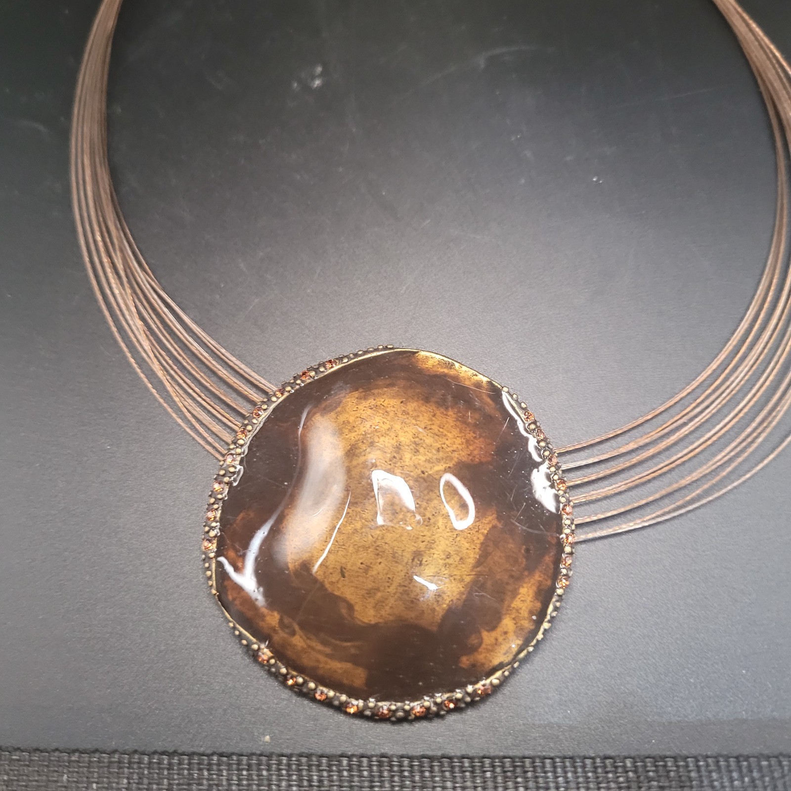 Lot of 3 Chico’s Necklaces Gold Tone-Faux Hammered Silver Brown Stone 16 & 19 in