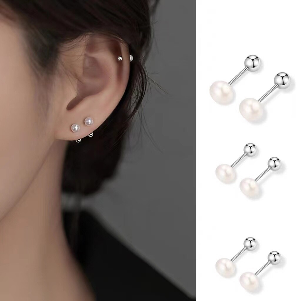 Womens Girls Surgical Steel Silver Round White Pearl Stud Earrings Screw Back