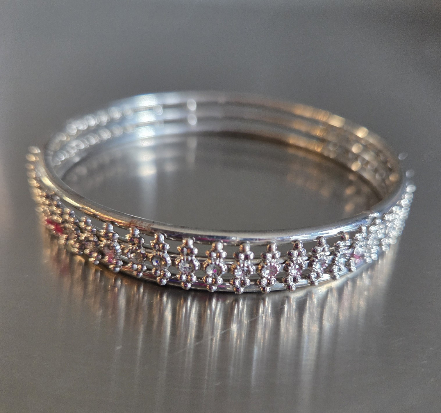 Silver Tone Round With Metal Pavé Setting Bangle Bracelet