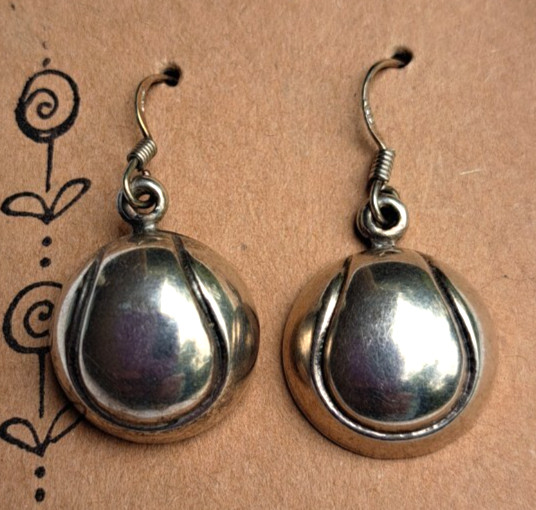925 Sterling Silver Tennis Ball Earrings Dangle Drop Pierced Hook Signed SA